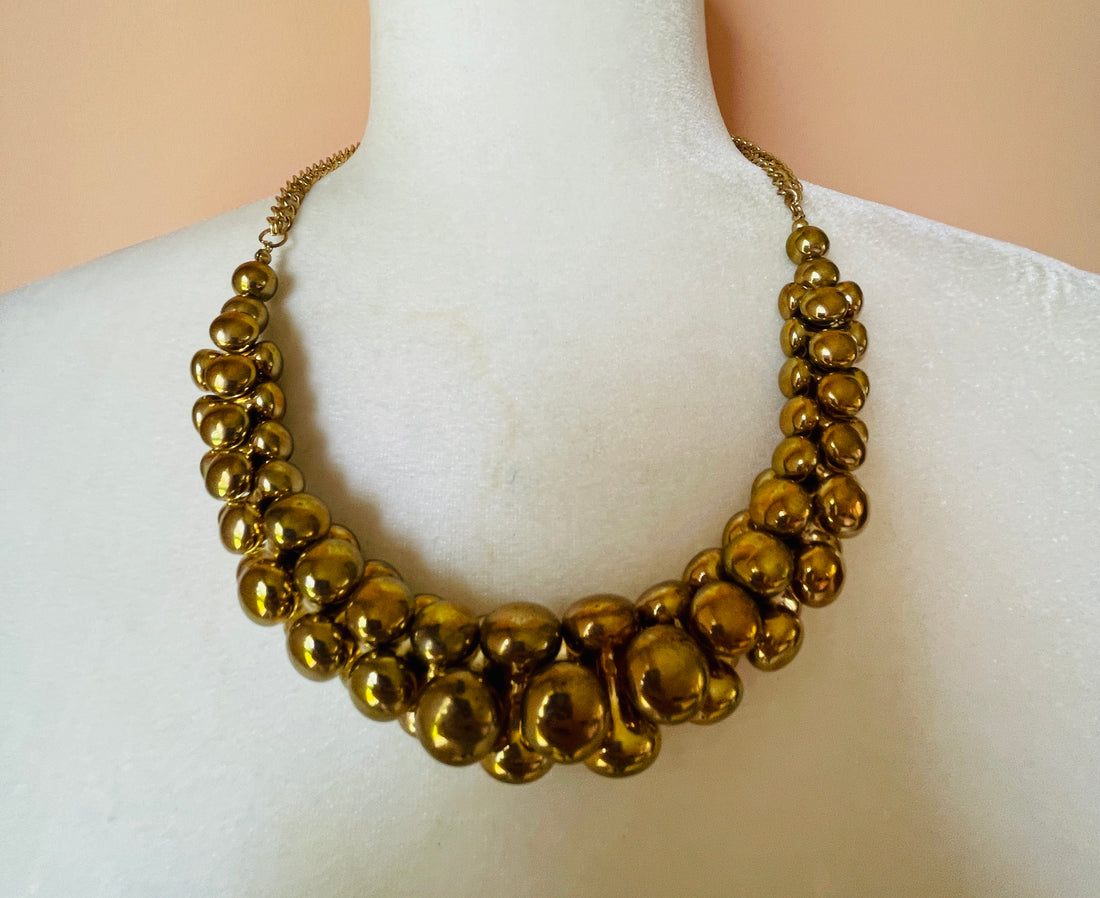 80s Vintage Double Gold Tone Chains Chunky Beaded Necklace