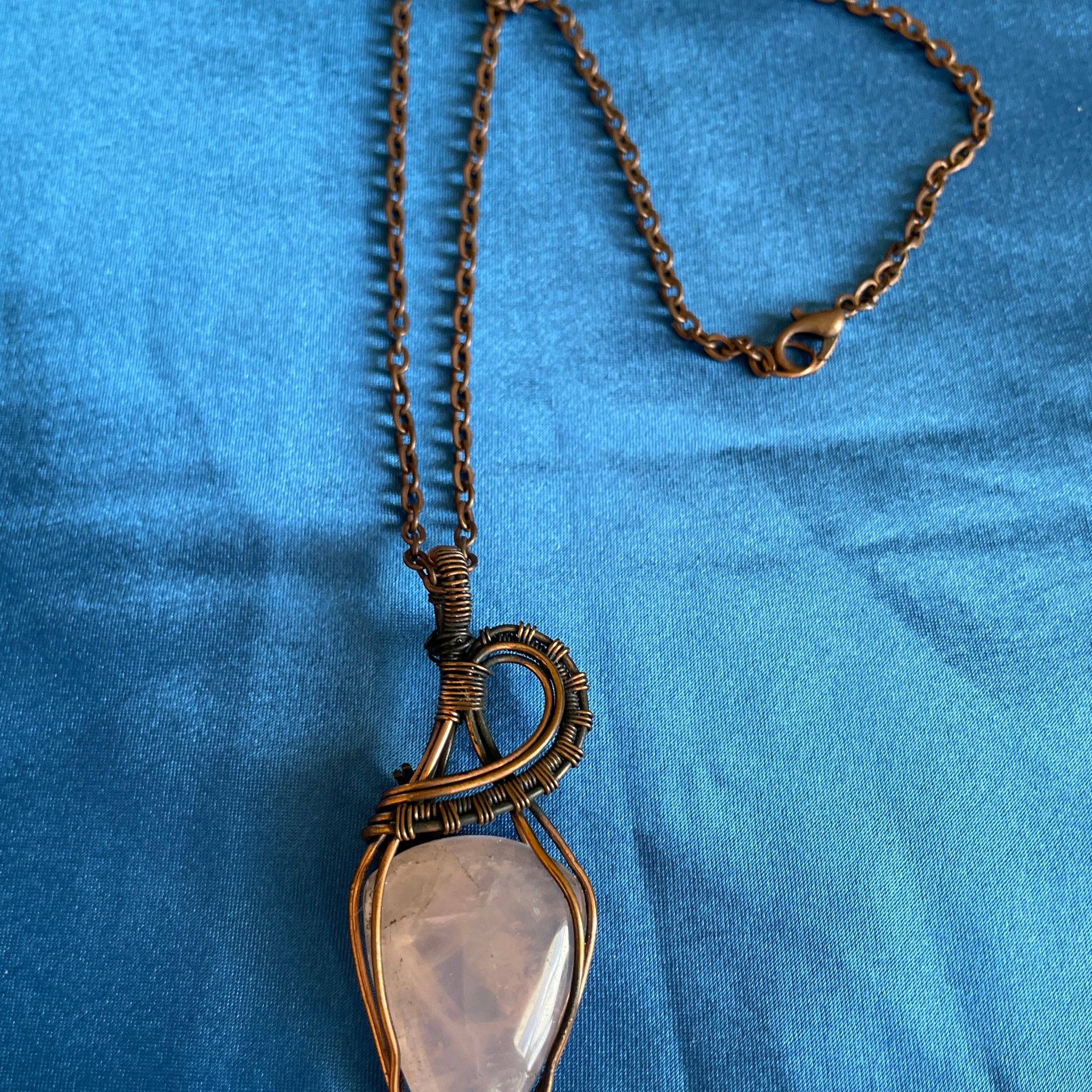 2000s Rose Quartz Handcrafted Copper Pendant Necklace