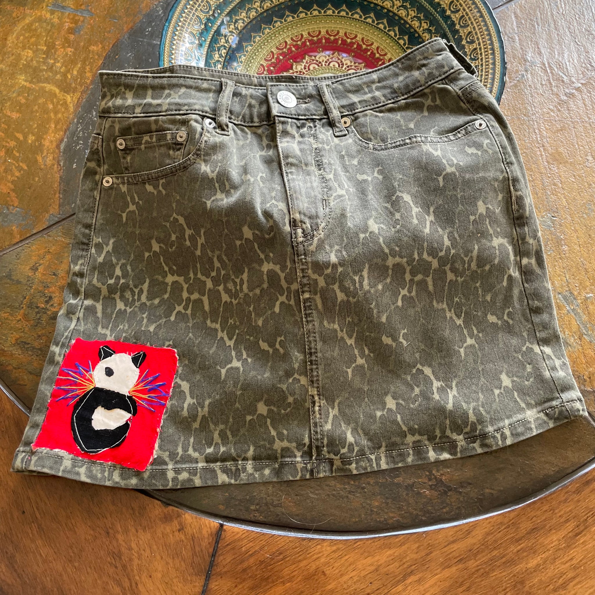 Vintage American Eagle Upcycled Kitty Cat Patch Micro Mini Skirt Sm