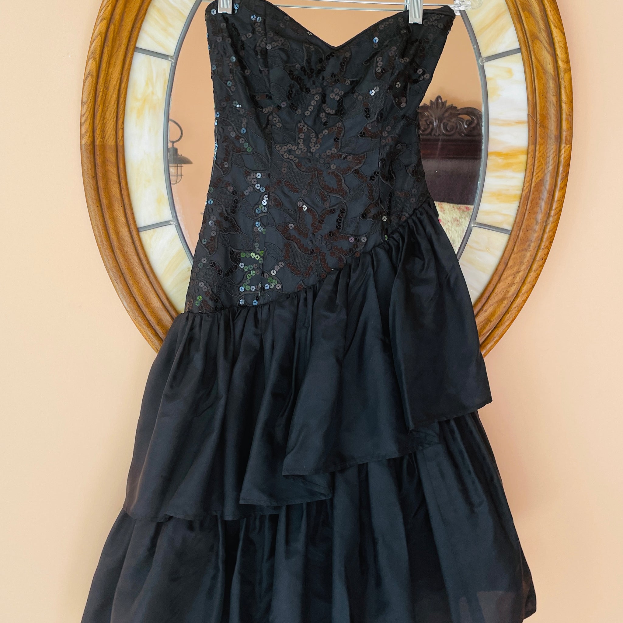 90s Vintage Jessica McClintock Black Sequined Strapless Cocktail Dress X/S