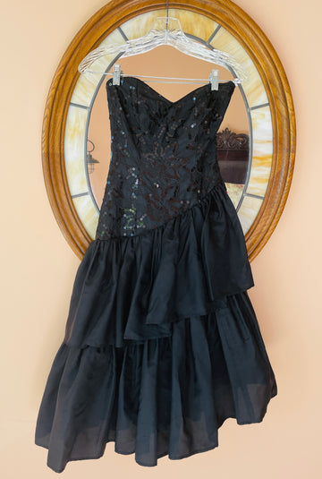 90s Vintage Jessica McClintock Black Sequined Strapless Cocktail Dress X/S