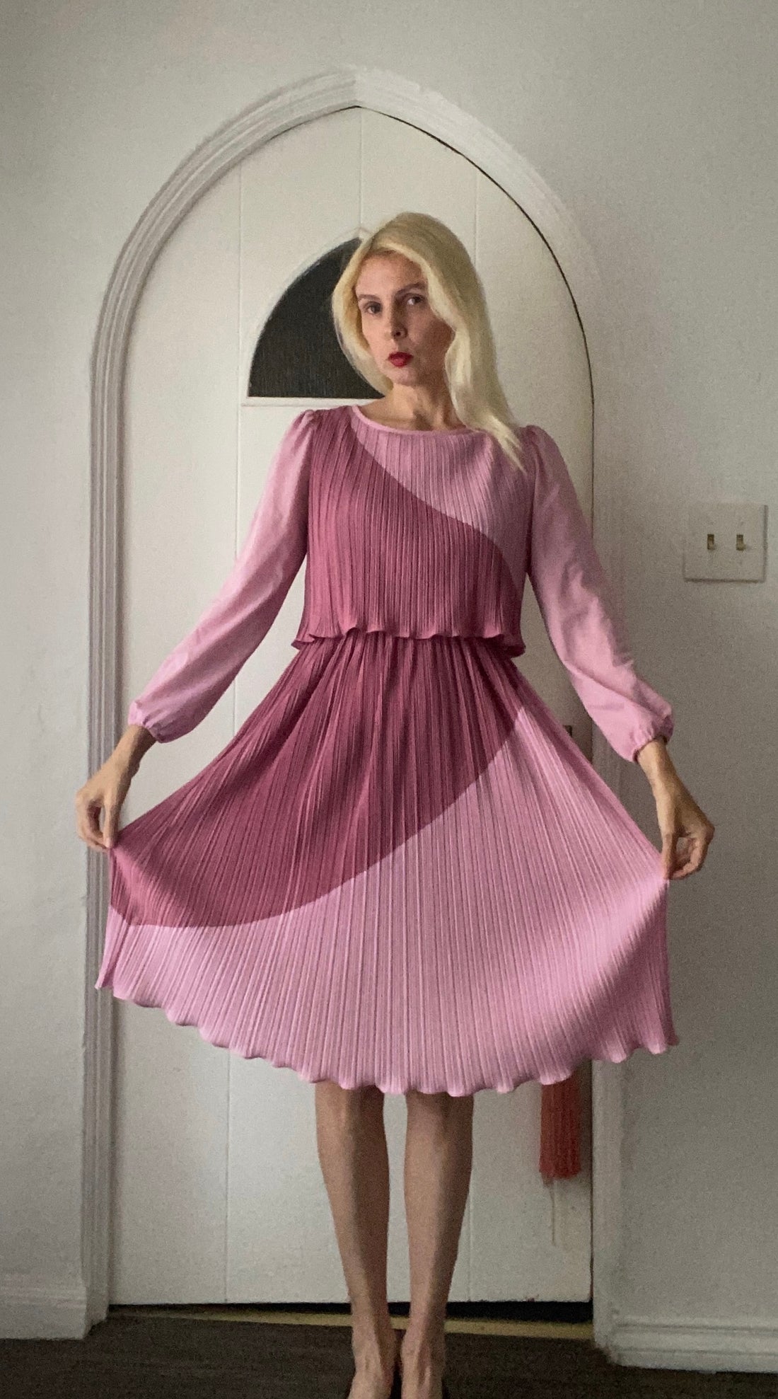 80s Vintage Pink Chevron Pleated Disco Dress