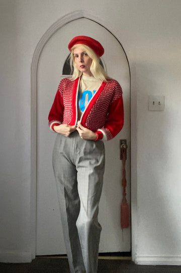 Vintage 80s Angora Blend Red Shimmery Silver Details Cardigan Knit Sweater Sm