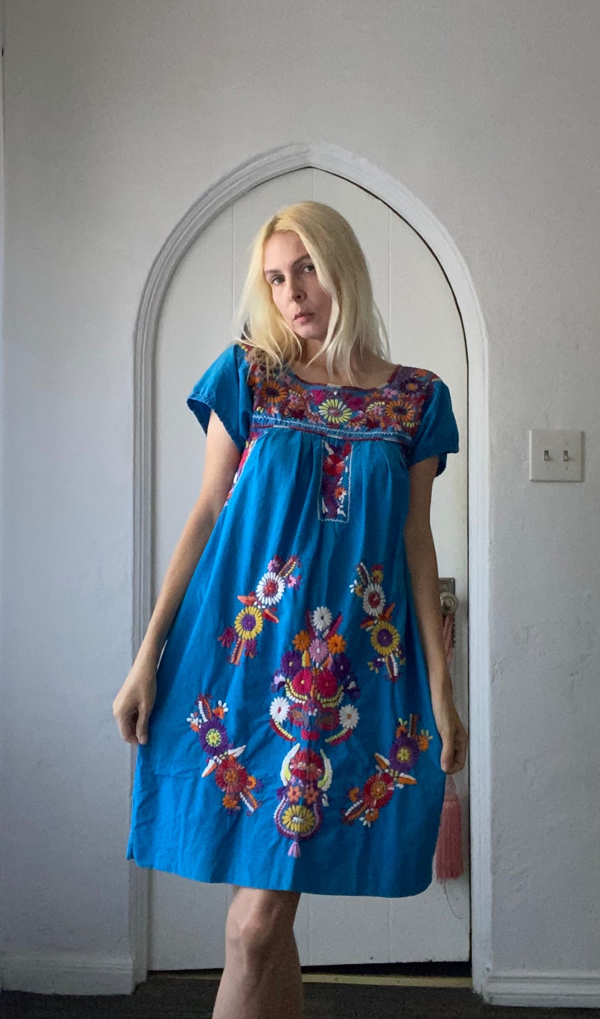 70s Vintage Traditional Mexican Oaxacan Floral Hand Embroidery Blue Cotton Handmade Dress S