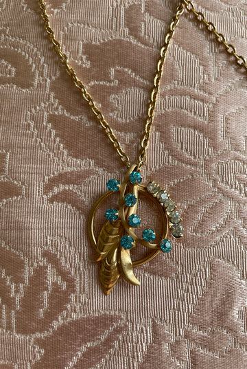 60s Gold Tone Rhinestone Leaf Pendant Necklace