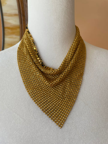 2000s Gold Tone Mesh Draped Choker Necklace Earrings Set.