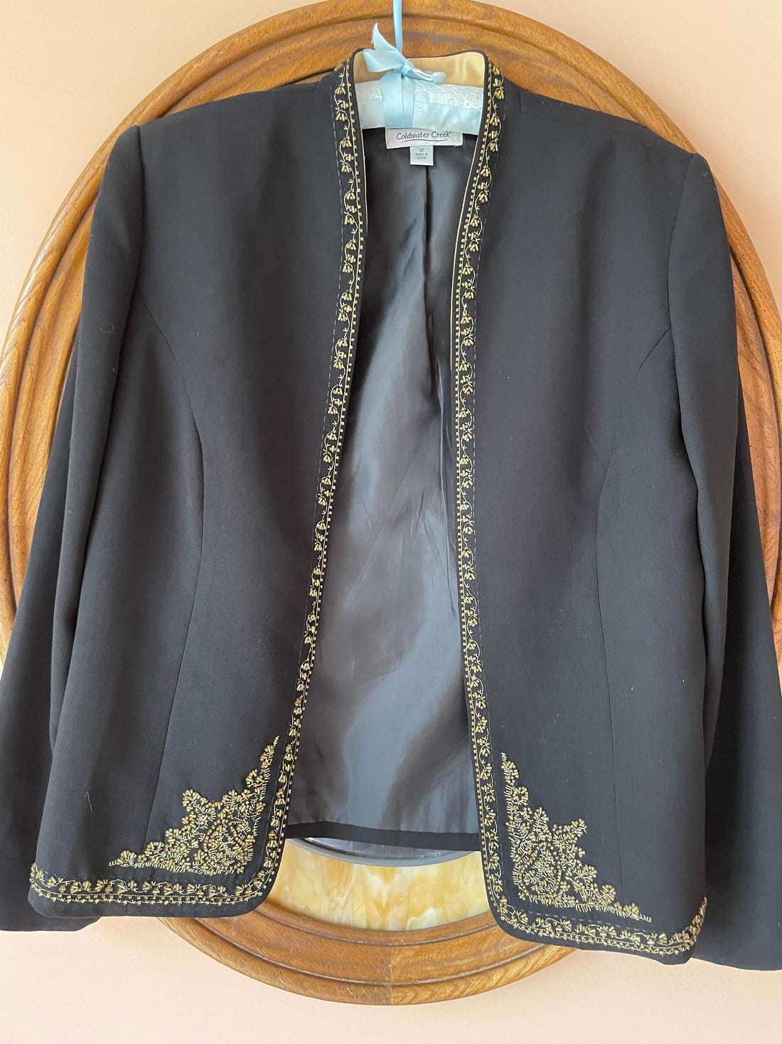 2000s Black Poly Gold Trim Open Front Removable Shoulder Pads Stylish Jacket Top. M