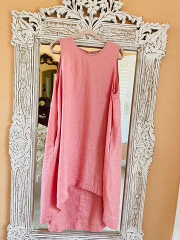 2000s Pink Linen Sleeveless Side Pockets High Low Casual Dress Plus size