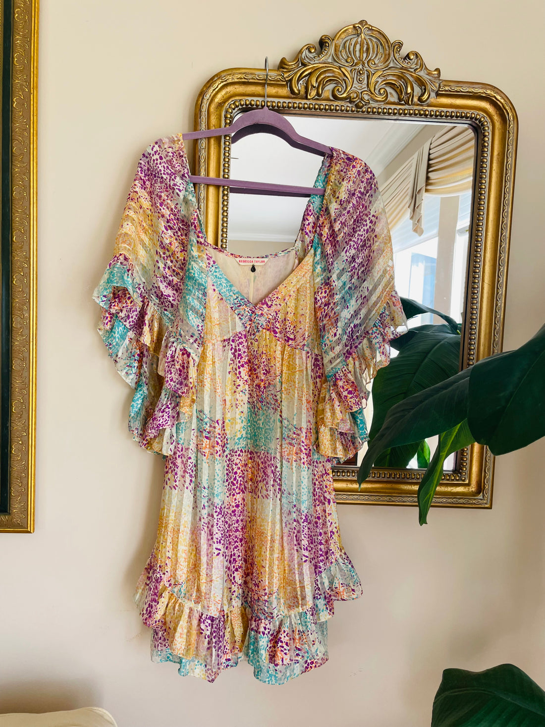 2000s 100% Silk Metallic Gold Ruffled Angel Sleeve Dress Sm