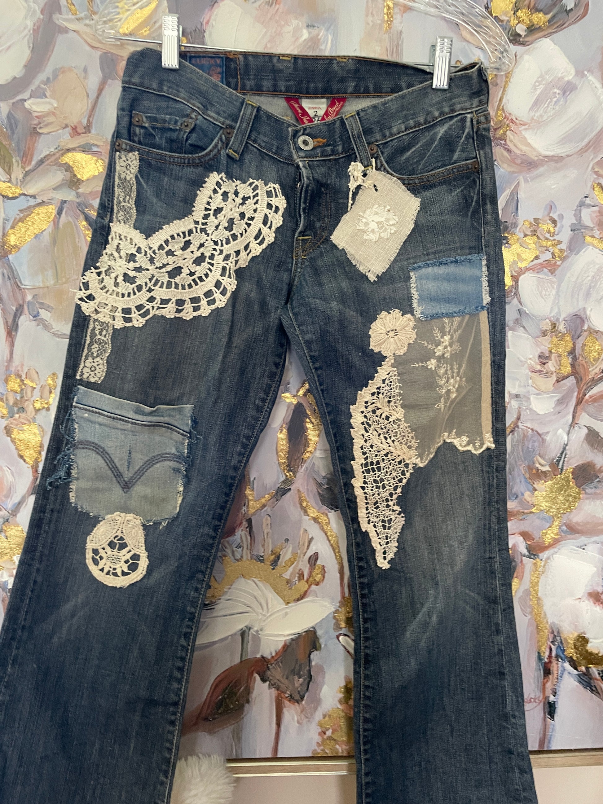 One of a kind repurposed jeans Blondes in Heaven Reborn Lace Floral Vintage Jeans S