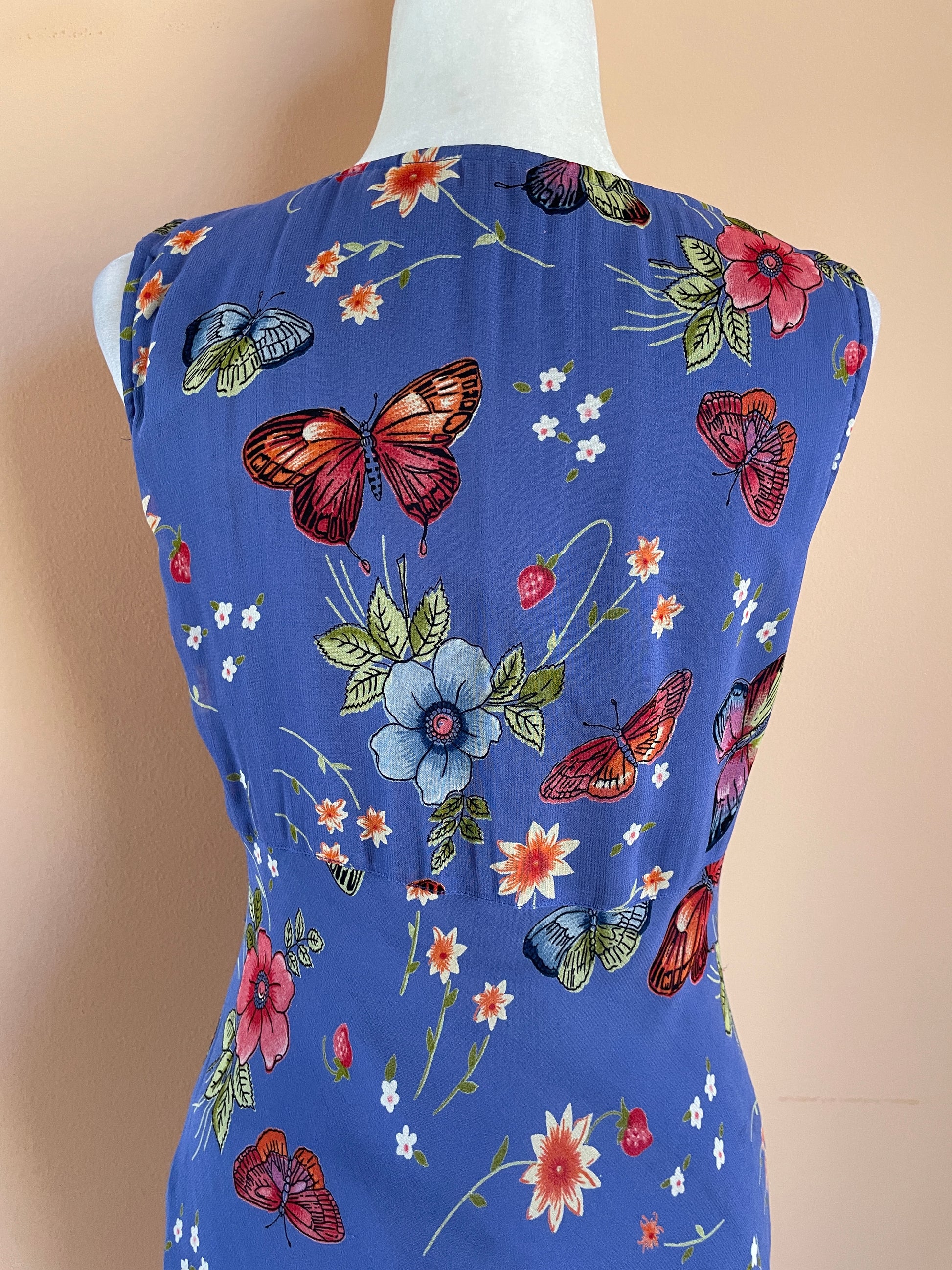  Vintage 90s Lola P Blue Beaded Butterfly Floral Print Summer Garden Party Silk Rayon Blend Ruffle Sleeveless Long Draped Bodycon Dress M