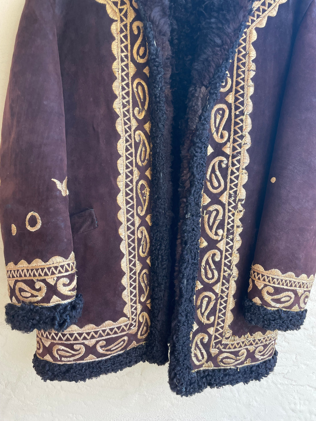70s Vintage Genuine Brown Swede Leather Sheep Wool Coat. Lg