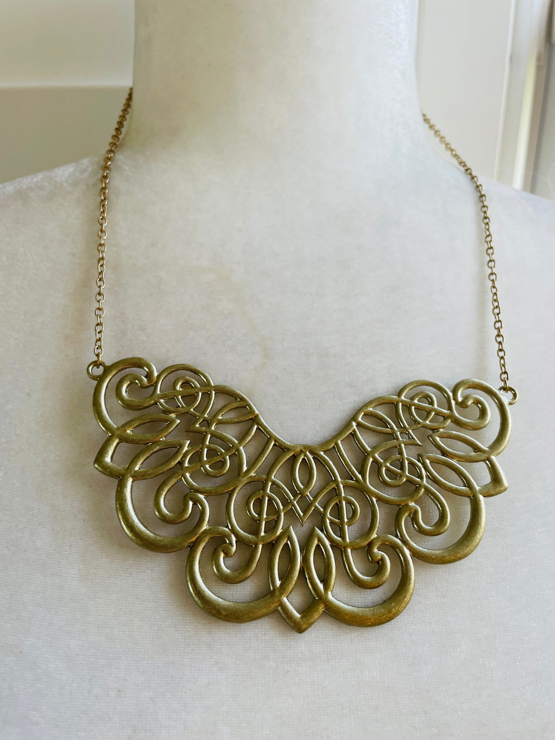 90s bib necklace  Vintage Brushed Gold Tone 90s Decorative Design Bib Necklace