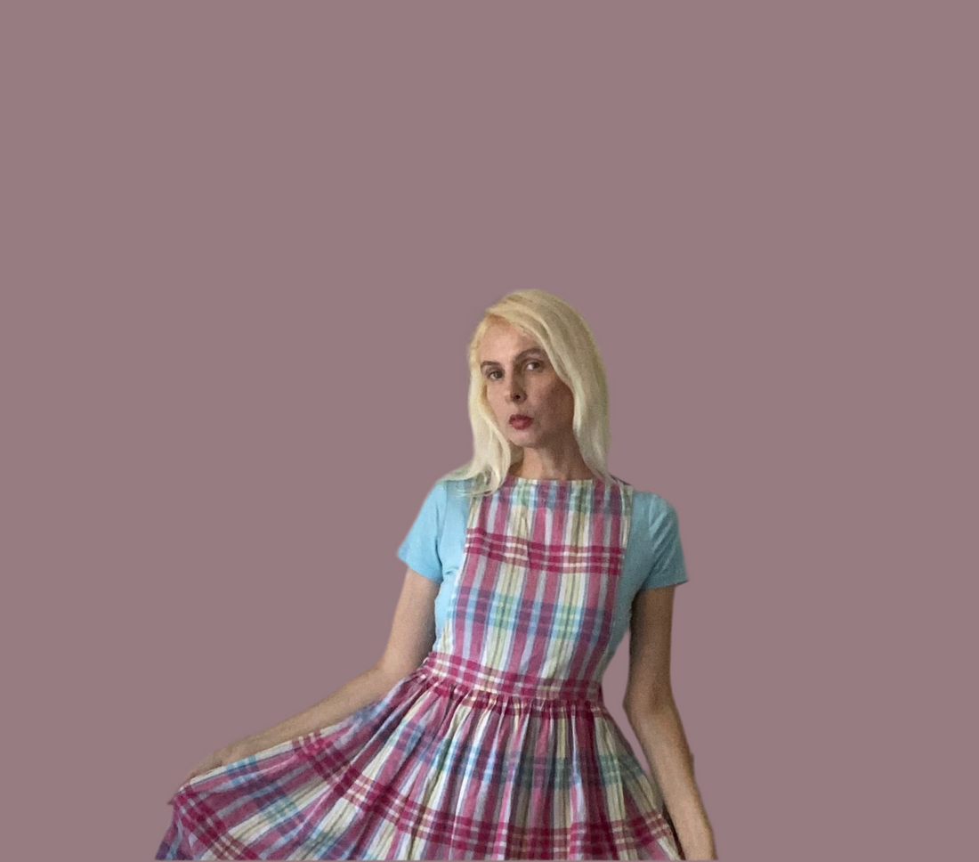 80s Vintage Plaid Pockets Button Strap Pinafore Dress S