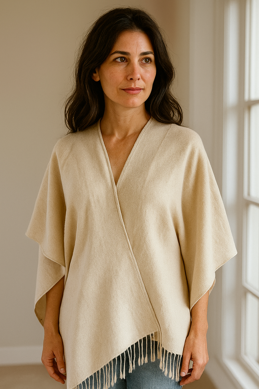 2000s Off White Winter Fringed Cape Wrap. Free Size