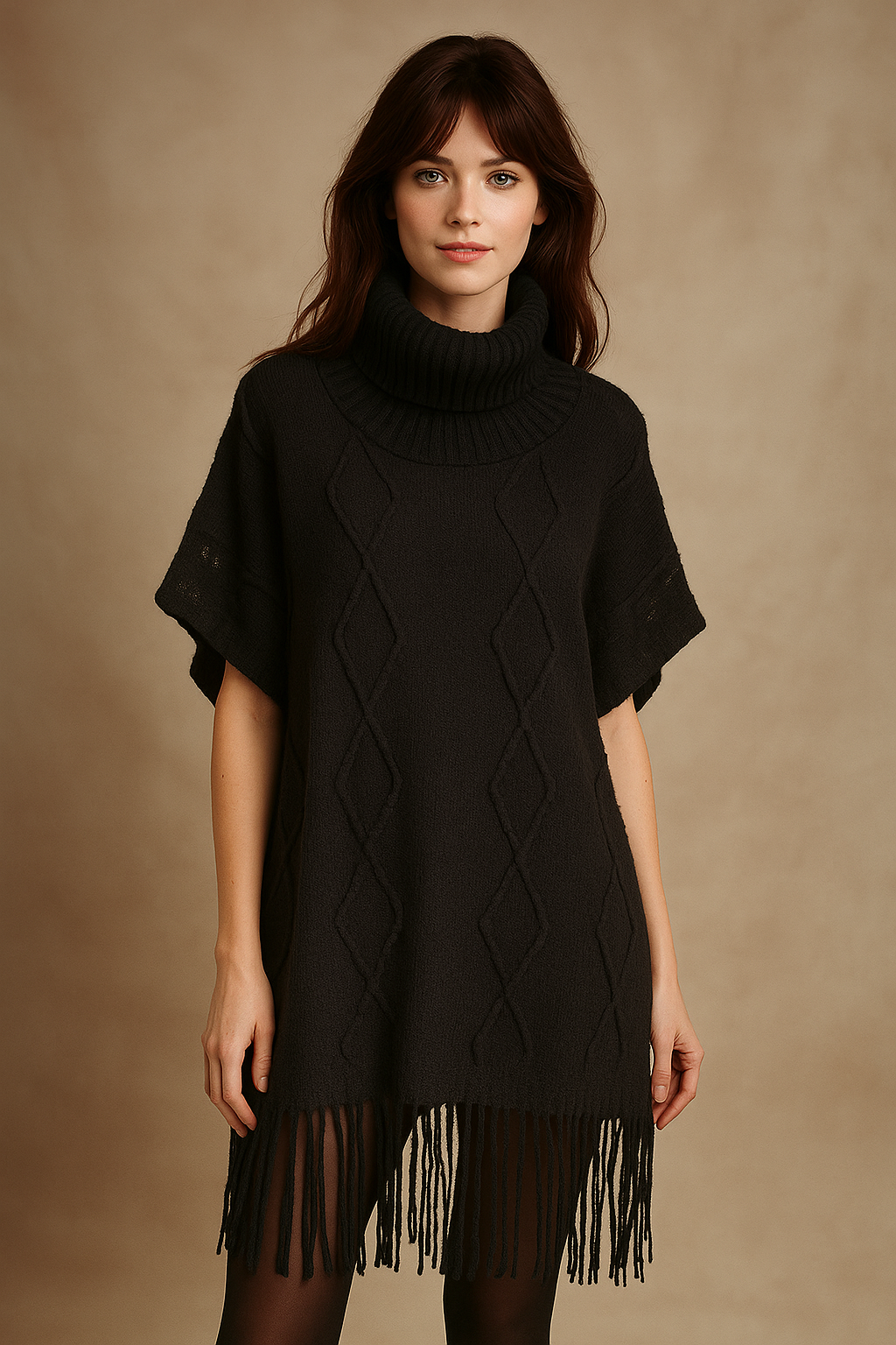 Black Acrylic Knit Fringed Boho Sweater Dress Free Size.