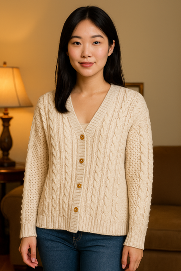 80s Vintage Hand Knit Lambswool Angora Snow Flake Zip Cardigan Sweater. S/M