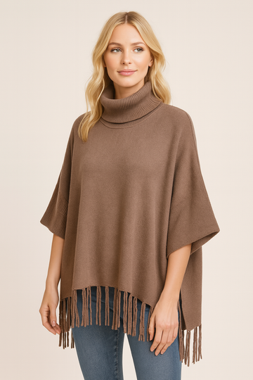 Vintage Joan Vass Brown Fringed Turtleneck Sweater Poncho Lg/XL