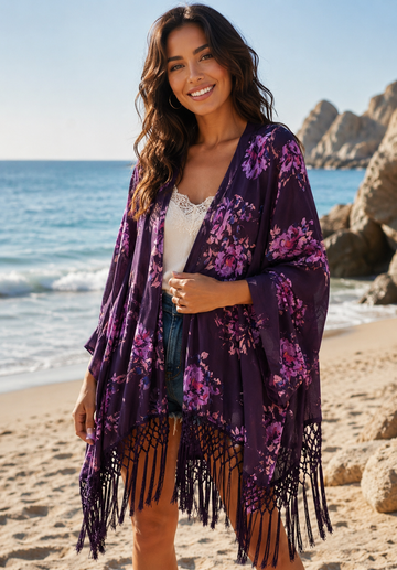 Boho Purple Floral Fringed Fairy Decorative Duster Jacket              Plus Size