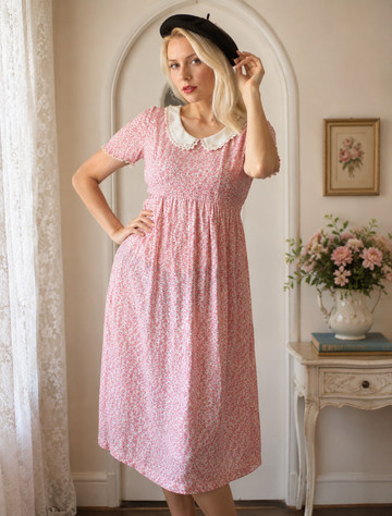 Vintage 70s Pink Floral Lacy Faux Pearl White Collar Midi Dress Sm