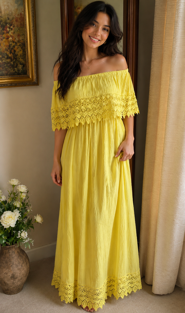 Striking Color Off On Shoulder Floral Crochet Beautiful Boho Maxi Dress Sm