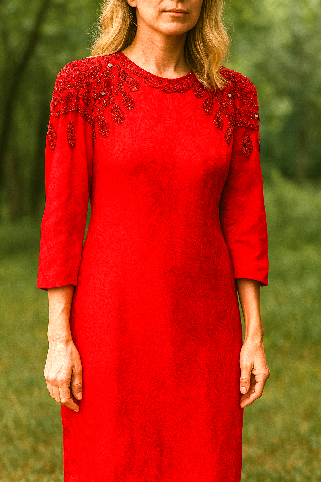 Vintage 80s Red Sparkly Hand Beaded Glam Dress M