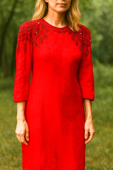 Vintage 80s Red Sparkly Hand Beaded Glam Dress M