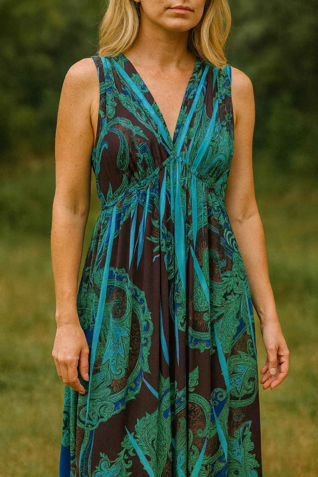 2000s Striking Print Empire Waist Sleeveless Maxi Dress X/L