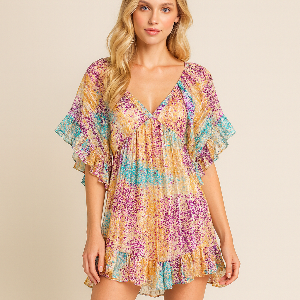 2000s 100% Silk Metallic Gold Ruffled Angel Sleeve Dress Sm