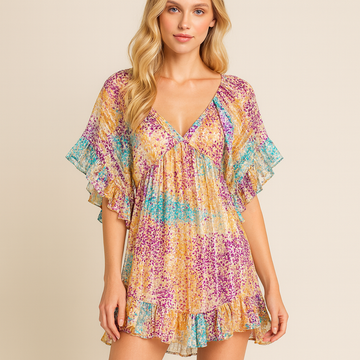 2000s 100% Silk Metallic Gold Ruffled Angel Sleeve Dress Sm