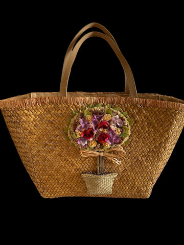 Cappelli Straw Basket Floral Appliqué Lined Zip Closure.