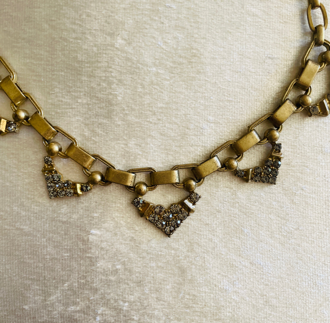 90s Brass Tone Crystal Accents Heart Choker Necklace