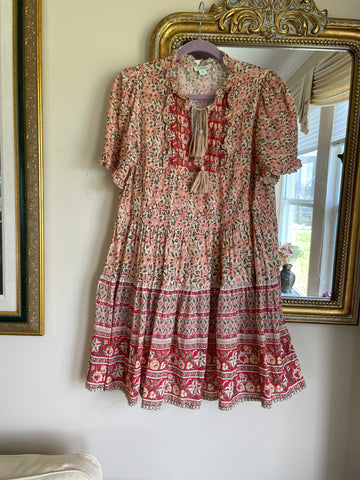 Sundance 100% Cotton Floral Print Tiered Tassel Tie Casual Boho Mini Dress S
