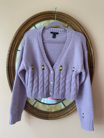 2000s Vintage Acrylic Knit Lavender Flower Cropped Cardigan Sweater M