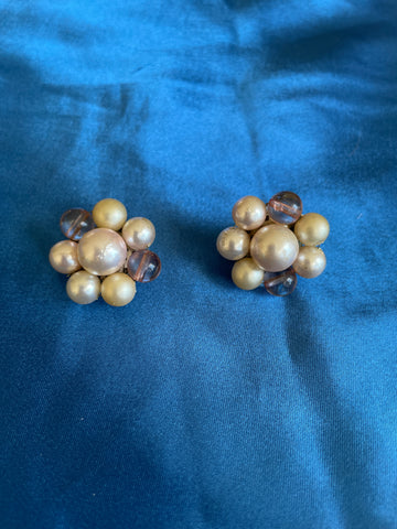 50s Vintage Signed Japan Glass Beaded Cluster Pierced Earrings