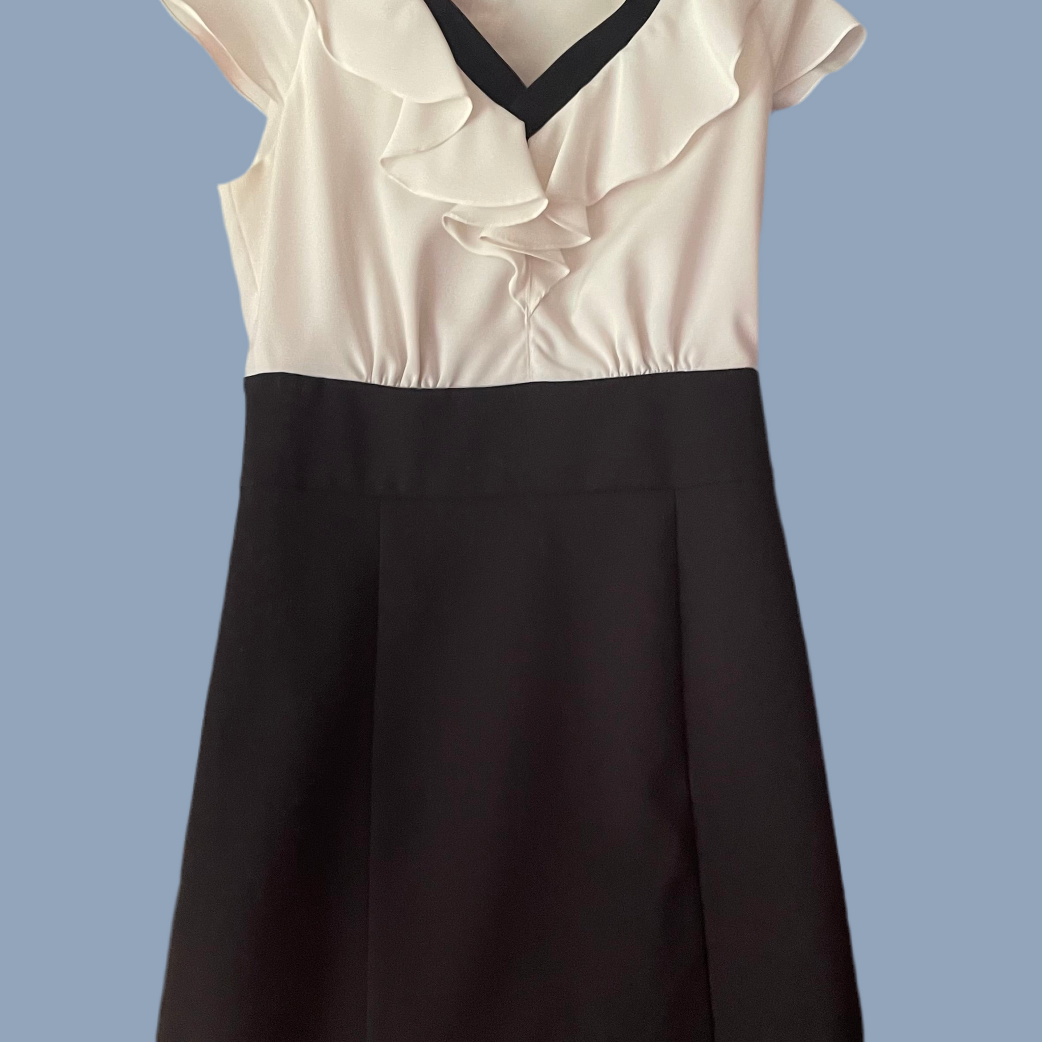 90s Black White Ruffled Poly Cap Sleeve Dress Sm