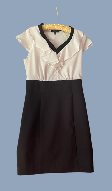 90s Black White Ruffled Poly Cap Sleeve Dress Sm