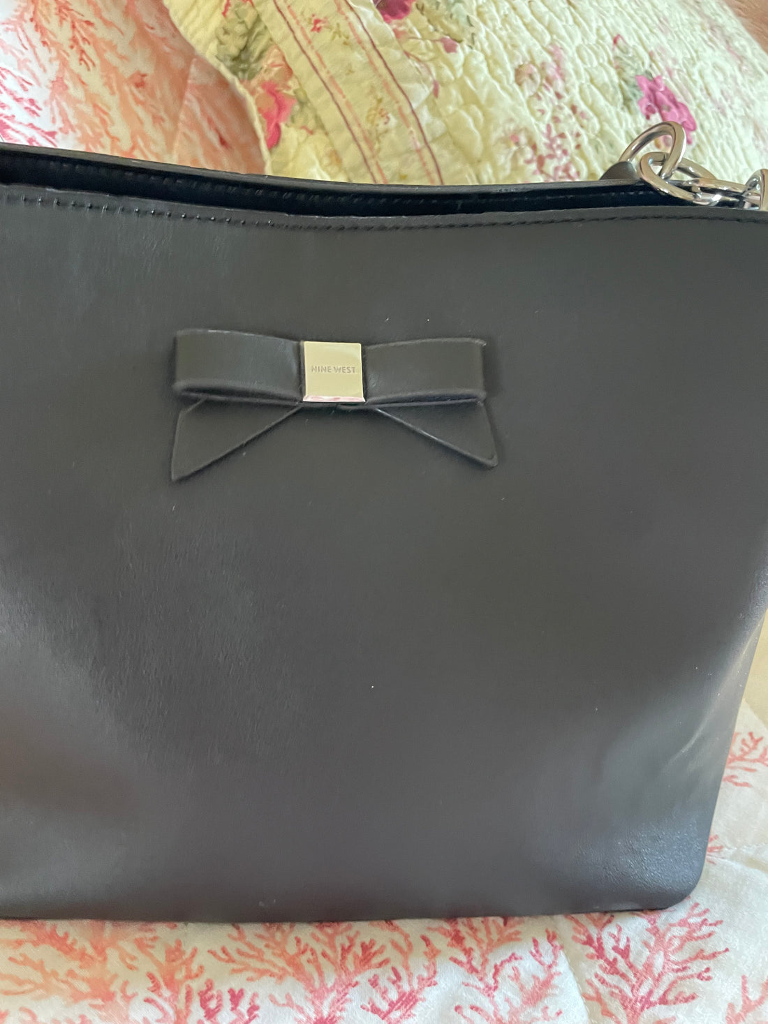 Nine West Faux Black Leather Bow Accent Handbag