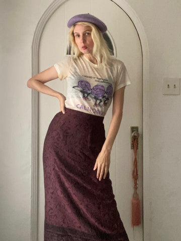 90s Floral Leaf Poly Purple Stylish Maxi Skirt Sm