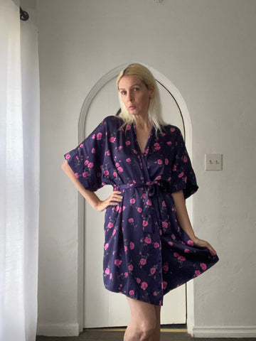 90s Navy Pink Floral Print Silky Lounge Lingerie Wrap Robe M