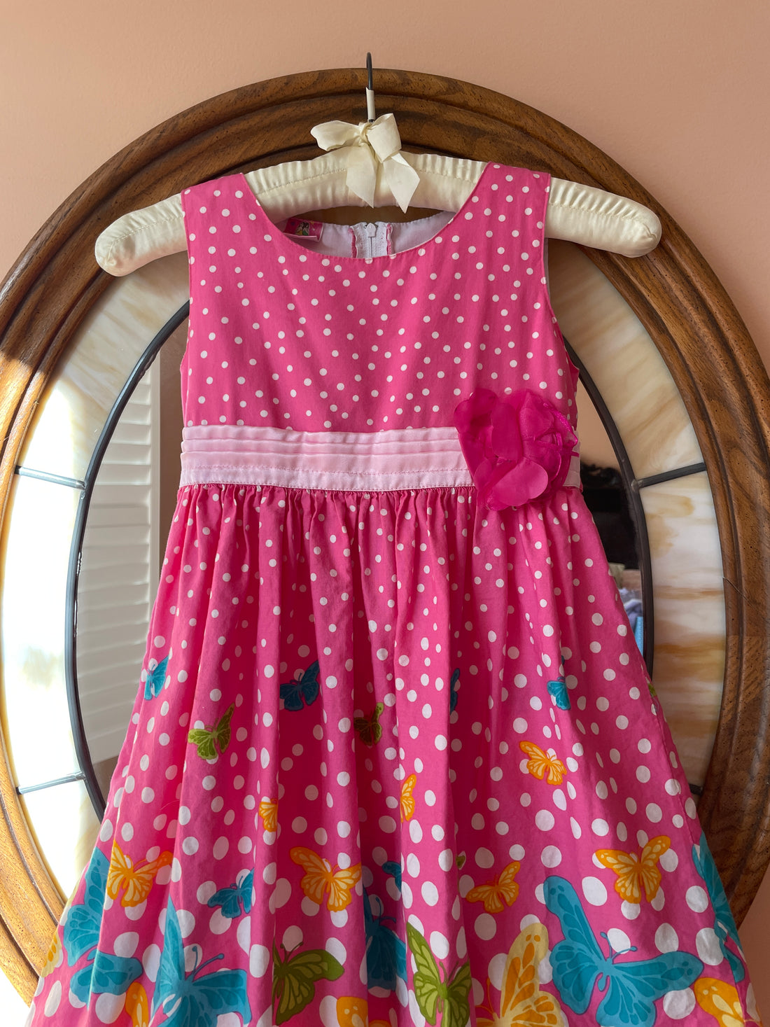 2000s. Pink Cotton Butterfly & Polka Dot Flower Sleeveless Girls Dress 6X