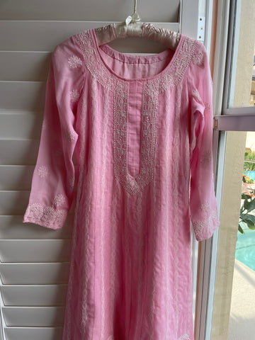 90s Sweet Pink Embroidered Cotton Handmade Boho Midi Tunic Dress Sm