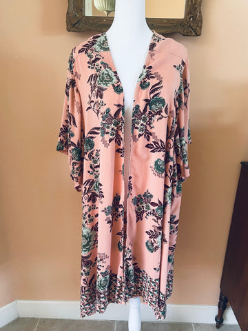 2000s Angie Floral Rayon Open Front Kimono Robe Duster Jacket Plus Size