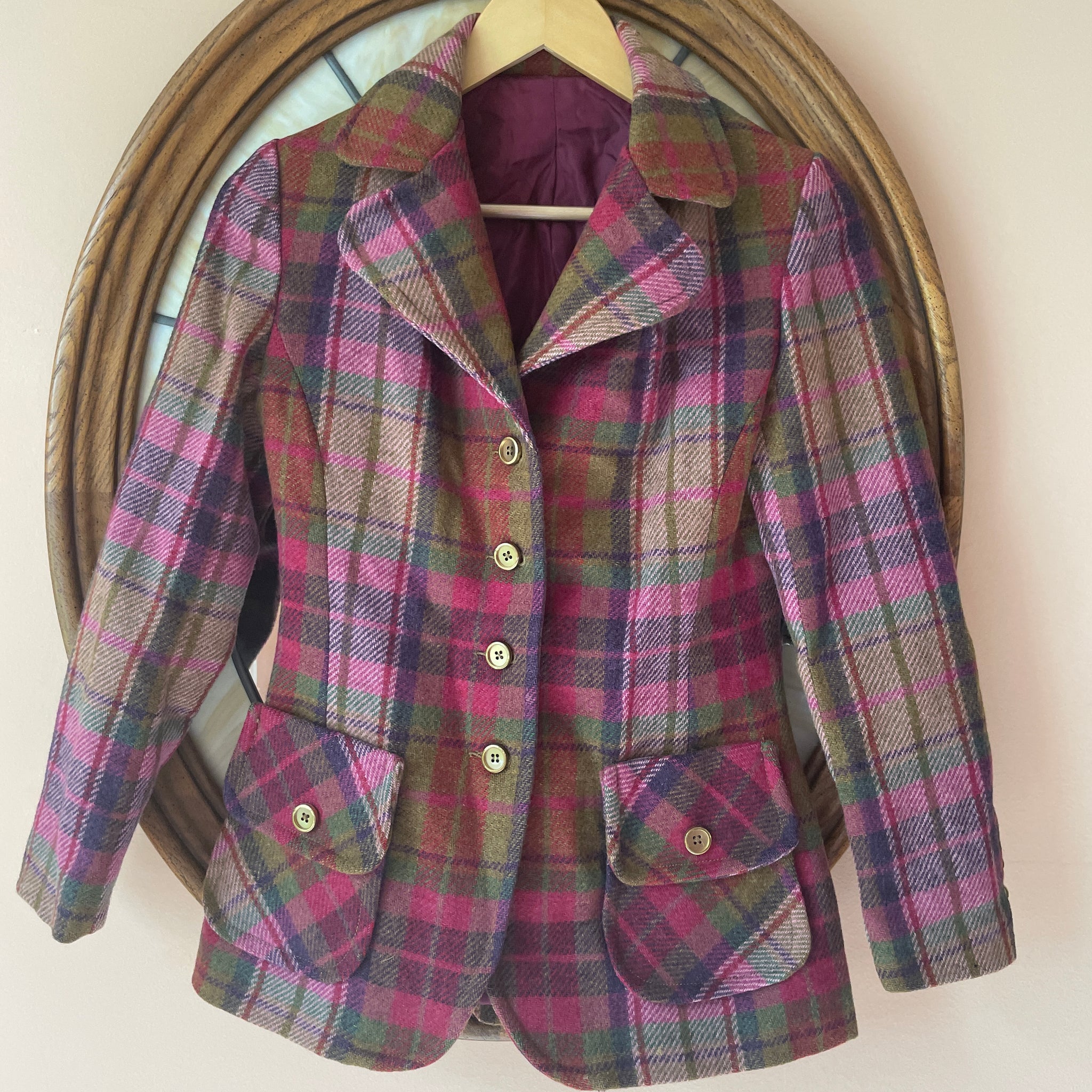 70s Vintage 100% Wool Plaid Gold Button Front Pockets Jacket S