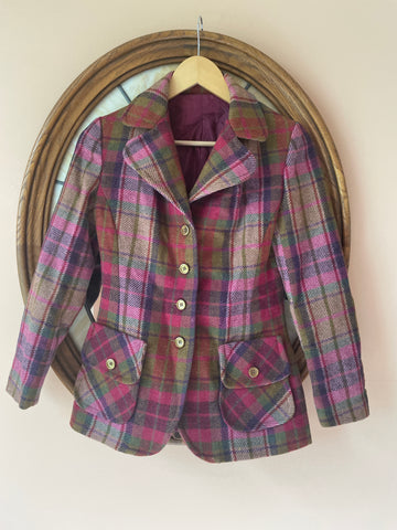 70s Vintage 100% Wool Plaid Gold Button Front Pockets Jacket S