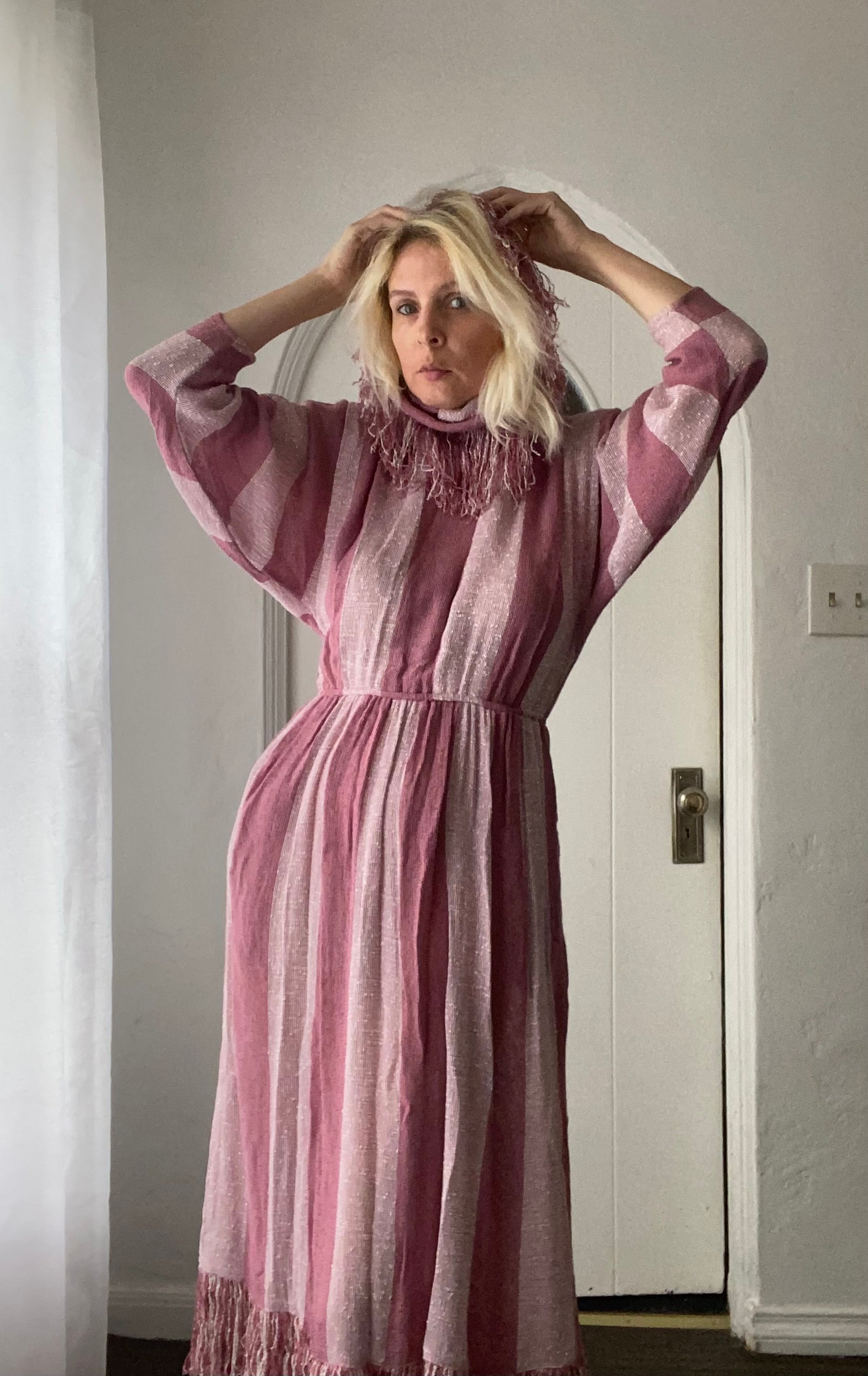  80s Woven Rayon Fringed Roll Color Pink Midi Dress M