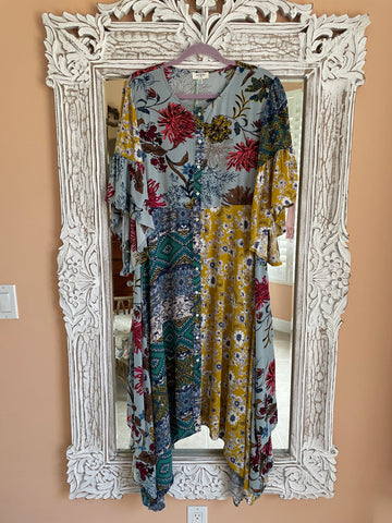 Mix Floral Print 200% Rayon Angel Sleeve Casual Caftan Dress M