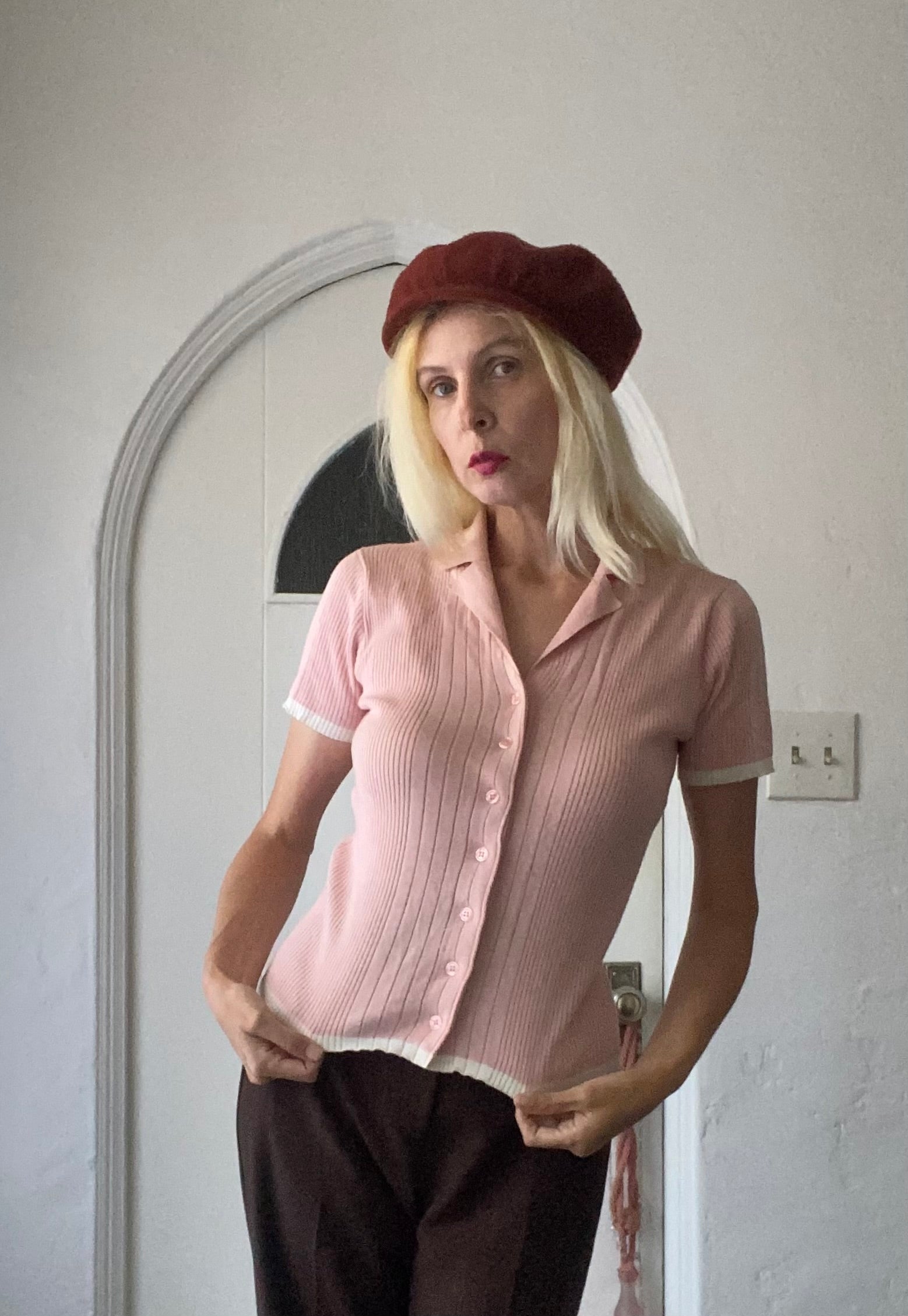  70s Classical Pink Ribbed 100% Cotton Short Sleeve Button Top M