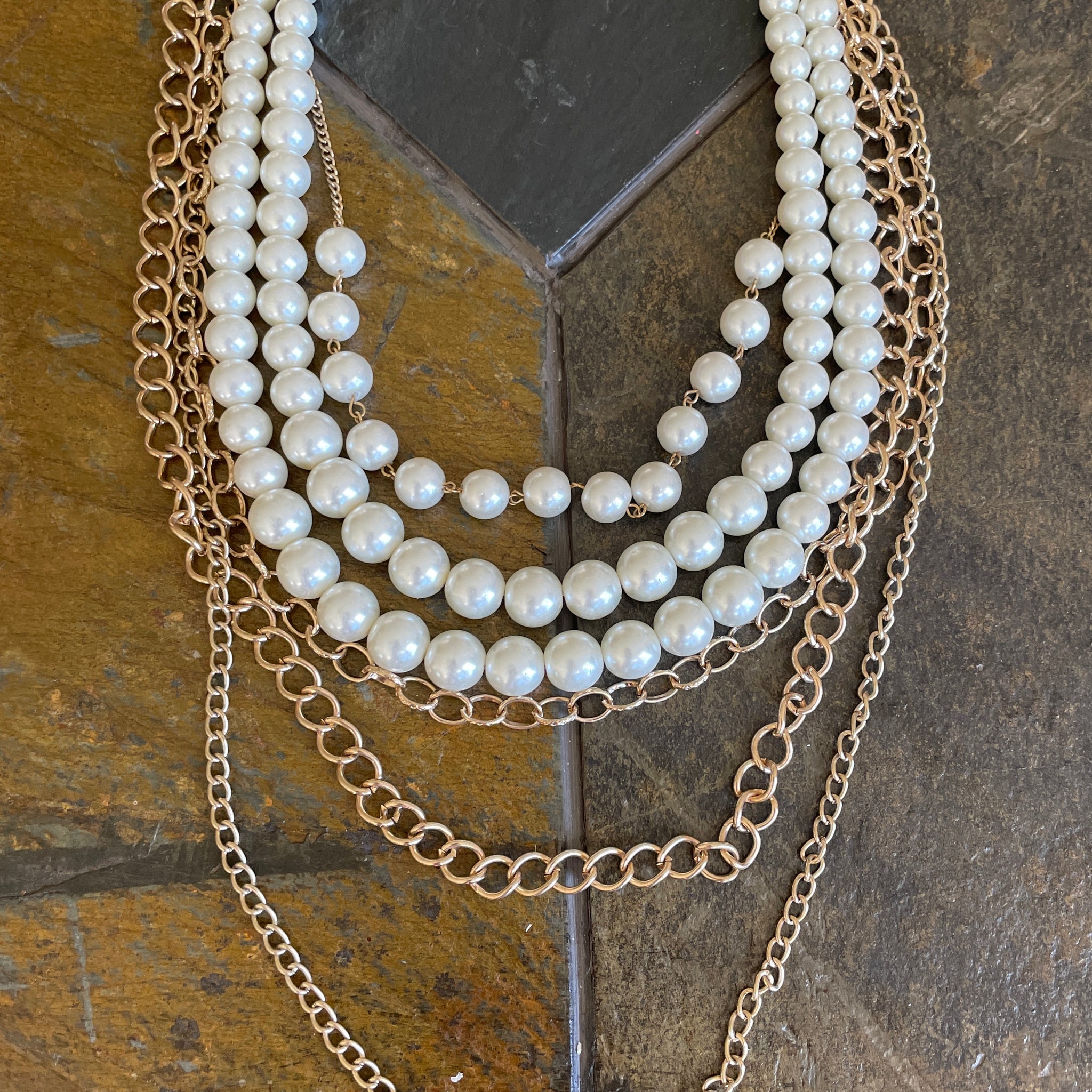 2000s Multiple Layered Chains Faux Pearl Costume Statement Necklace