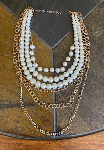 2000s Multiple Layered Chains Faux Pearl Costume Statement Necklace